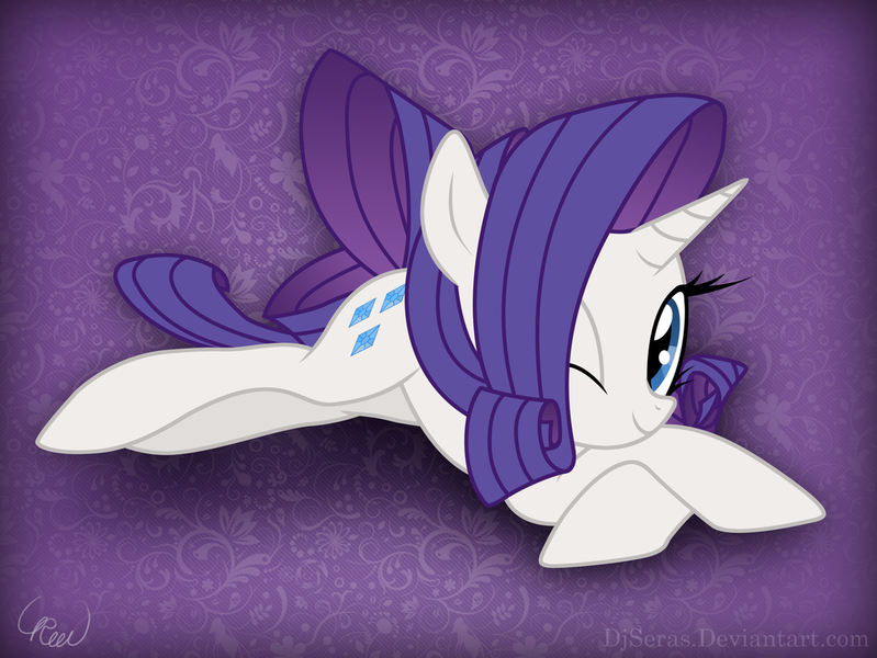 Size: 1024x769 | Tagged: safe, artist:djseras, artist:ethereal-desired, derpibooru import, rarity, pony, unicorn, female, looking at you, lying, mare, one eye closed, prone, smiling, solo, wink