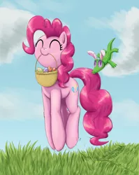 Size: 1551x1945 | Tagged: safe, artist:otakuap, derpibooru import, gummy, pinkie pie, earth pony, pony, basket, bunny ears, cloud, cute, diapinkes, easter, easter egg, eyes closed, female, leg fluff, mare