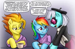 Size: 1164x763 | Tagged: artist:pluckyninja, bathrobe, clothes, coffee, photo finish, rainbow dash, robe, safe, spitfire, stupid sexy spitfire, tumblr:sexy spitfire