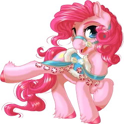 Size: 1021x1024 | Tagged: safe, artist:kittehkatbar, derpibooru import, pinkie pie, earth pony, pony, bridle, colored hooves, cute, female, harness, hoof popping, leg fluff, looking at you, mare, open mouth, raised hoof, saddle, sexy saddle, simple background, solo, transparent background, unshorn fetlocks