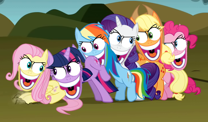 Size: 726x427 | Tagged: applejack, derpibooru import, dragonshy, edit, edited edit, edited screencap, fluttershy, hentai woody, mane six, meme, nightmare fuel, pinkie pie, rainbow dash, rapeface, rarity, screencap, special eyes, suggestive, twilight sparkle, woody face