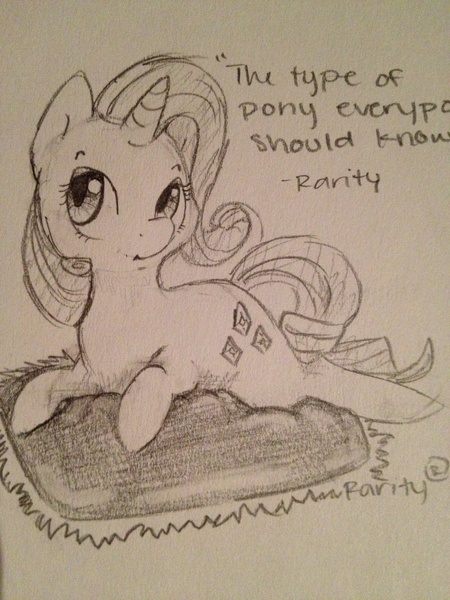 Size: 2448x3264 | Tagged: artist:curlycat3, derpibooru import, monochrome, pillow, rarity, safe, simple background, solo