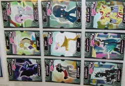 Size: 776x533 | Tagged: safe, derpibooru import, diamond tiara, discord, flam, flim, gilda, king sombra, nightmare moon, queen chrysalis, silver spoon, trixie, changeling, gryphon, alicorn amulet, antagonist, card, flim flam brothers, trading card