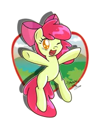 Size: 1957x2500 | Tagged: adorabloom, apple bloom, artist:danmakuman, bipedal, cute, derpibooru import, female, filly, looking at you, one eye closed, safe, signature, simple background, smiling, solo, transparent background, wink