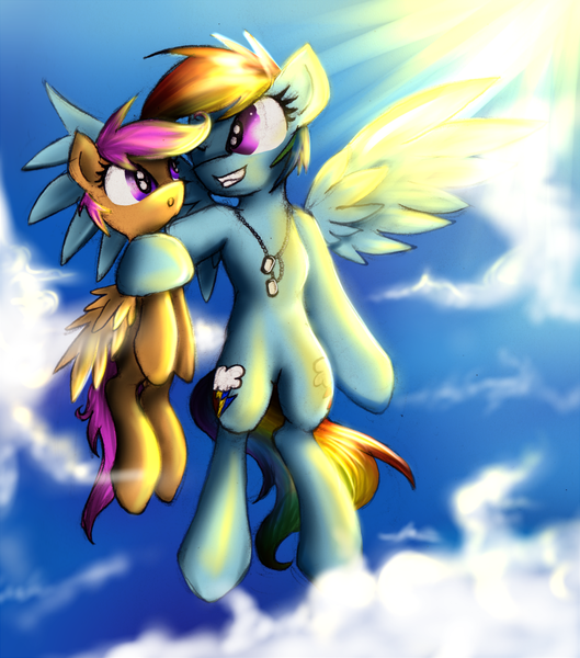 Size: 881x1000 | Tagged: artist:kairaanix, both cutie marks, chains, cloud, cloudy, derpibooru import, duo, female, filly, flying, jewelry, mare, necklace, rainbow dash, safe, scootaloo, scootalove, sky, wings