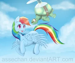 Size: 2400x2000 | Tagged: safe, artist:assechan, derpibooru import, rainbow dash, tank, blushing, cheek fluff, chest fluff, cute, dashabetes, duo, ear fluff, flying, high res, open mouth, sky