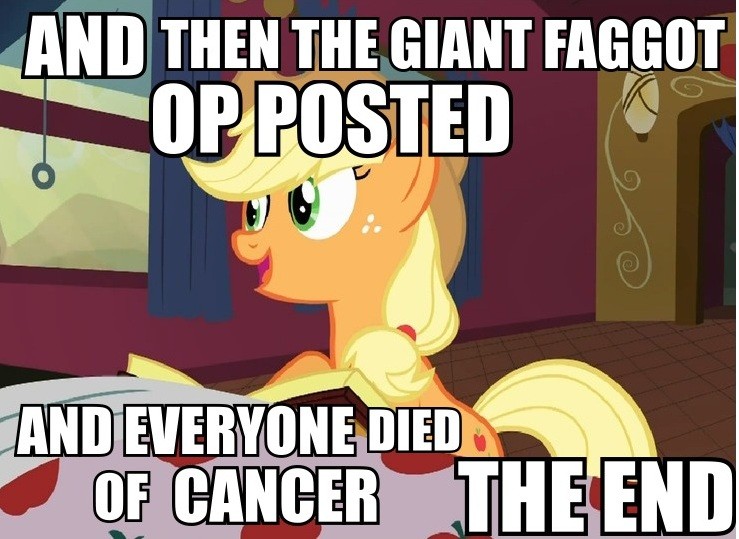 Size: 739x539 | Tagged: applejack, bloomberg, british cigarette, caption, cropped, derpibooru import, edit, edited screencap, image macro, op is a faggot, over a barrel, reaction image, safe, screencap, slur, solo, text, tree, vulgar