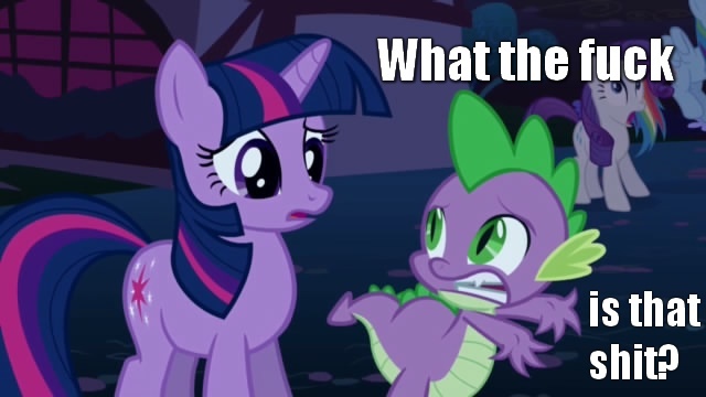 Size: 640x360 | Tagged: derpibooru import, image macro, meme, reaction image, safe, spike, twilight sparkle, vulgar