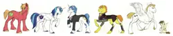 Size: 1600x341 | Tagged: safe, artist:earthsong9405, artist:tsukikoko, derpibooru import, big macintosh, bulk biceps, carrot cake, fancypants, featherweight, roid rage, shining armor, earth pony, pegasus, pony, unicorn, clothes, colt, male, raised hoof, realistic anatomy, realistic horse legs, stallion, traditional art