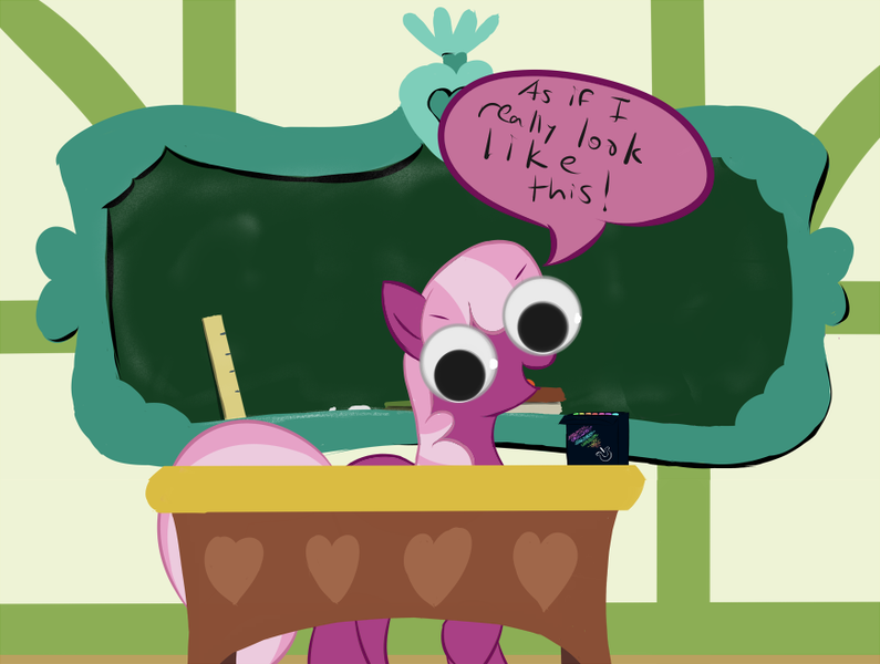 Size: 872x658 | Tagged: artist:frist44, big fat meanie, chalk, chalkboard, cheerilee, derpibooru import, googly eyes, new student starfish, ponyville schoolhouse, ruler, safe, solo, special eyes, spongebob squarepants