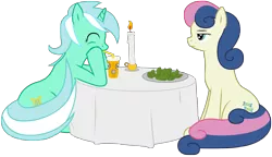 Size: 5000x2877 | Tagged: safe, artist:boem777, derpibooru import, bon bon, lyra heartstrings, sweetie drops, earth pony, pony, unicorn, bon bon is not amused, candle, date, dinner, drink, drinking, eyes closed, female, food, leaves, lesbian, lyrabon, milkshake, on a date, romantic, salad, shipping, simple background, sitting, table, transparent background, unamused, vector