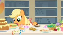 Size: 1366x768 | Tagged: a bird in the hoof, apple, applejack, cake, derpibooru import, eating, food, safe, sandwich, screencap, solo