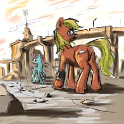 Size: 1000x1000 | Tagged: safe, artist:agm, derpibooru import, oc, unofficial characters only, earth pony, pony, fallout equestria, blind, equestrian wasteland, manehattan, pipbuck, ruins, sad, wasteland