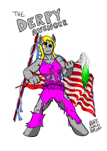 Size: 4961x7016 | Tagged: absurd resolution, american flag, anthro, artist:themarkofmark, breasts, buff, burly hooves, busty derpy hooves, cleavage, clothes, crossover, derpy hooves, female, mop, muscles, ponified, safe, solo, the toxic avenger, torn clothes, troma, troma films, unguligrade anthro