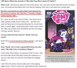 Size: 657x581 | Tagged: coincidence, derpibooru import, idw, interview, katie cook, rarity, safe, season 4, text