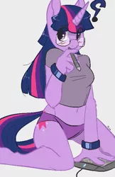 Size: 453x700 | Tagged: adorasexy, anthro, artist:slipe, belly button, blushing, bracelet, breasts, clothes, cute, derpibooru import, drawing, female, glasses, panties, question mark, sexy, shirt, solo, solo female, suggestive, tablet, t-shirt, twilight sparkle, underwear