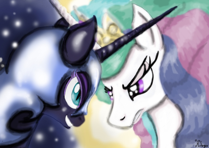 Size: 3484x2468 | Tagged: safe, artist:killer-teckel, derpibooru import, nightmare moon, princess celestia, alicorn, pony, duo