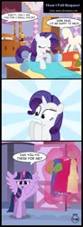 Size: 952x2588 | Tagged: safe, artist:toxic-mario, derpibooru import, rarity, twilight sparkle, twilight sparkle (alicorn), alicorn, pony, bed, carousel boutique, clothes, comic, dress, fabric, female, magic, mare, sewing, sewing machine