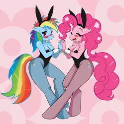 Size: 1579x1584 | Tagged: suggestive, artist:ss2sonic, derpibooru import, pinkie pie, rainbow dash, anthro, unguligrade anthro, blushing, breasts, bunny girl, bunny suit, busty pinkie pie, busty rainbow dash, clothes, corset, costume, cuffs (clothes), female, holding hands, image, jpeg, leotard, lesbian, pantyhose, pinkiedash, playboy bunny, playboy bunny pinkie pie, playboy bunny rainbow dash, shipping, tights