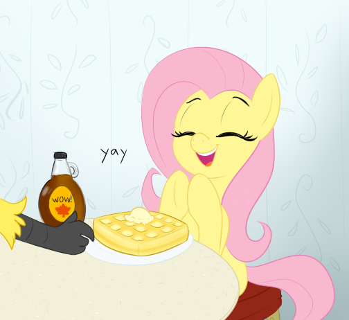 Size: 504x462 | Tagged: safe, artist:furseiseki, derpibooru import, fluttershy, gryphon, pegasus, pony, cute, eyes closed, maple syrup, shyabetes, sitting, table, talons, waffle, yay