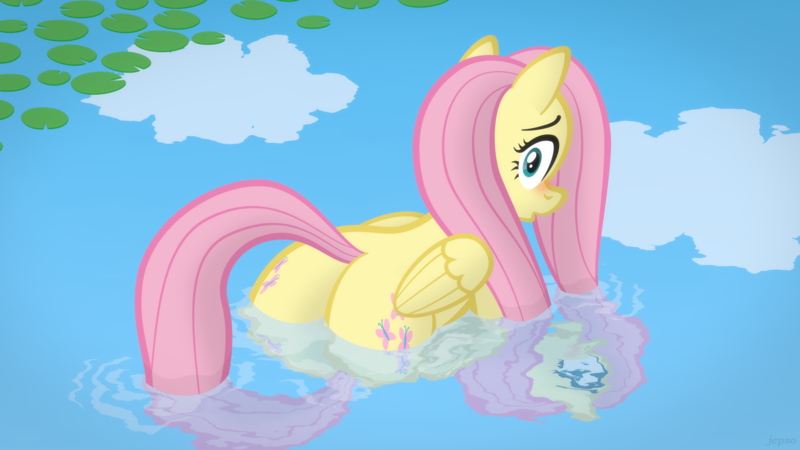 Size: 1920x1080 | Tagged: artist:jepso, blushing, cute, derpibooru import, female, flutterbutt, fluttershy, plot, reflection, shyabetes, solo, solo female, squishy, squooshy, suggestive, water