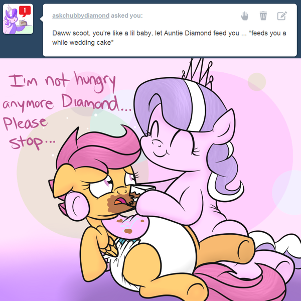 Size: 800x800 | Tagged: artist:fillyscoots42, ask chubby diamond, ask crinkleloo, bib, cake, chubby, crinkleloo, derpibooru import, diamond tiara, diaper, diaper fetish, force feeding, poofy diaper, questionable, scootaloo, tumblr