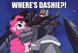 Size: 620x420 | Tagged: safe, derpibooru import, pinkie pie, earth pony, pony, fanfic:cupcakes, abuse, bruticus, building, caption, combiner, female, gun, handgun, image, image macro, implied rainbow dash, jpeg, mare, meme, pinkiebuse, pistol, scared, threatening, transformers, transformers generation 1, weapon