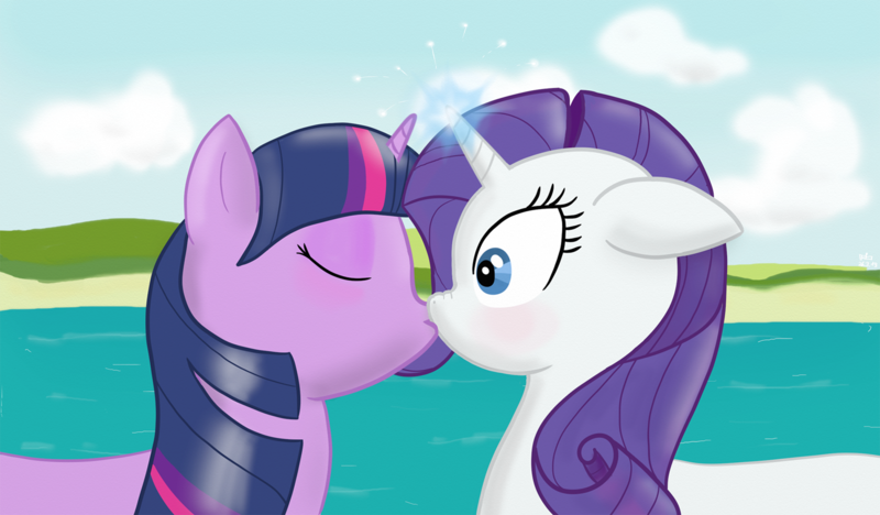 Size: 1401x820 | Tagged: artist:theph0enix, blushing, derpibooru import, eyes closed, female, floppy ears, hornboner, kissing, lake, lesbian, magic, nose wrinkle, rarilight, rarity, safe, shipping, twilight sparkle, wide eyes