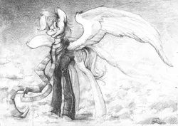 Size: 1280x907 | Tagged: safe, artist:nastylady, derpibooru import, oc, oc:stardust mach, unofficial characters only, birthday, clothes, glasses, grayscale, jacket, leather jacket, monochrome, present, scarf, sketch, solo, traditional art