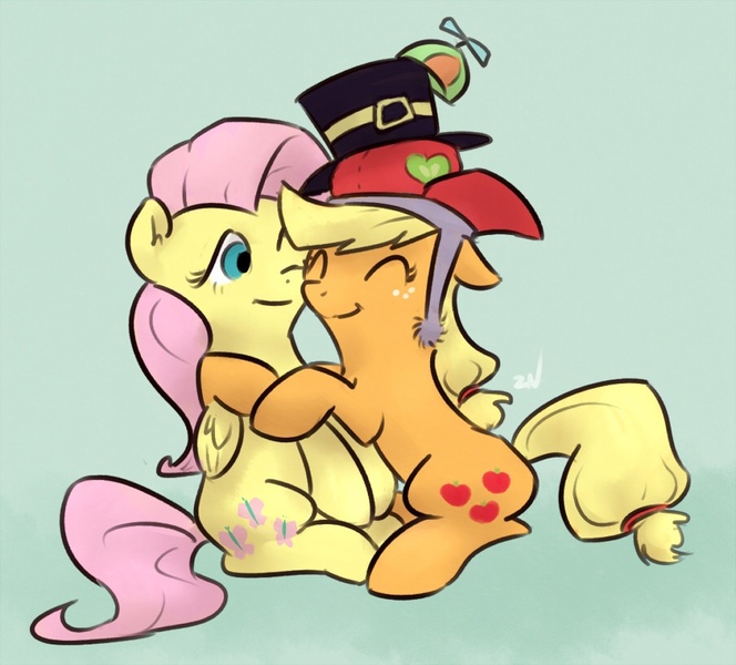 Size: 900x813 | Tagged: applejack, appleshy, artist:ponchuzn, derpibooru import, female, fluttershy, hat, lesbian, safe, shipping, silly hat