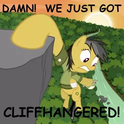 Size: 894x894 | Tagged: artist:alkippe-mlp, artist:omgklint, cliff, cliffhanger, comic sans, daring do, derpibooru import, falling, pun, safe, vertigo