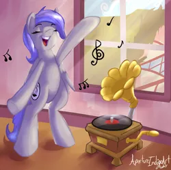 Size: 1351x1347 | Tagged: safe, artist:hoodoo, derpibooru import, oc, oc:nightingale, unofficial characters only, pony, bipedal, commission, music, music notes, record player, solo, window