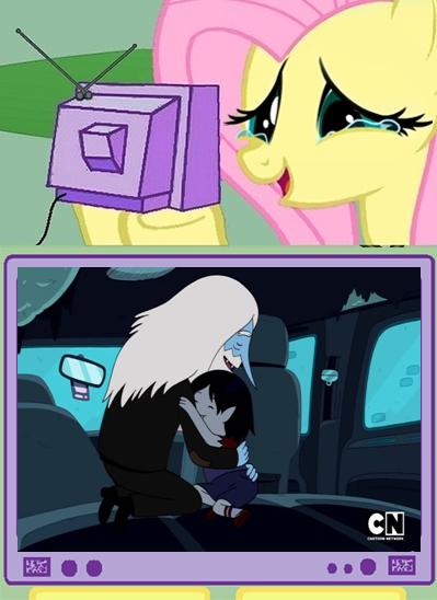 Size: 399x548 | Tagged: adventure time, derpibooru import, exploitable meme, feels, fluttercry, fluttershy, ice king, marceline, safe, simon and marcy, simon petrikov, tv meme