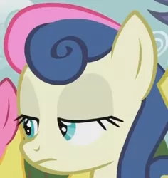 Size: 371x393 | Tagged: safe, derpibooru import, screencap, bon bon, cherry berry, sweetie drops, earth pony, pony, bon bon is not amused, cropped, lidded eyes, reaction image, solo focus