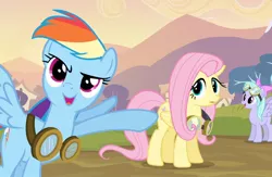 Size: 600x390 | Tagged: cropped, derpibooru import, flitter, fluttershy, goggles, hurricane fluttershy, pointing, rainbow dash, safe, screencap