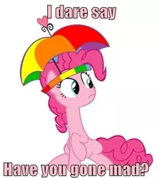 Size: 500x551 | Tagged: safe, derpibooru import, pinkie pie, pony, hat, image macro, pink text, reaction image, solo, umbrella hat