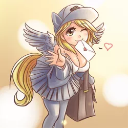 Size: 800x800 | Tagged: adorasexy, artist:ninjaham, bag, blushing, breasts, busty derpy hooves, cleavage, clothes, cute, dead source, derpabetes, derpibooru import, derpy hooves, eared humanization, explicit source, female, heart, human, humanized, mailbag, messenger bag, satchel, sexy, skirt, solo, solo female, suggestive, tailed humanization, thigh highs, winged humanization