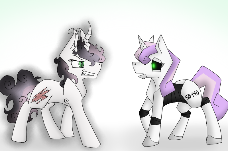 Size: 988x654 | Tagged: safe, artist:gloompelt, derpibooru import, sweetie belle, pony, robot, unicorn, friendship is witchcraft, mentally advanced series, female, hooves, horn, male, mare, open mouth, stallion, sweetie bot, teeth, thrackerzod