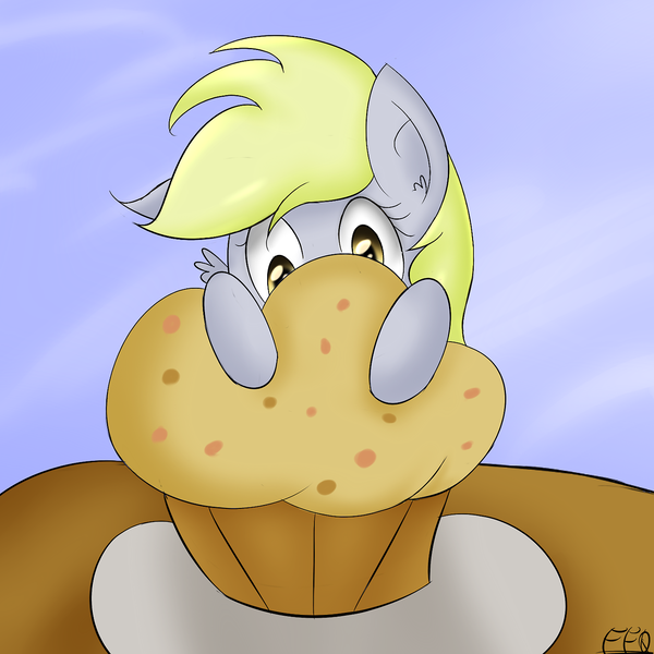 Size: 1280x1280 | Tagged: safe, artist:freefraq, derpibooru import, derpy hooves, pegasus, pony, female, giant muffin, mare, muffin