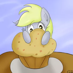 Size: 1280x1280 | Tagged: safe, artist:freefraq, derpibooru import, derpy hooves, pegasus, pony, female, giant muffin, mare, muffin