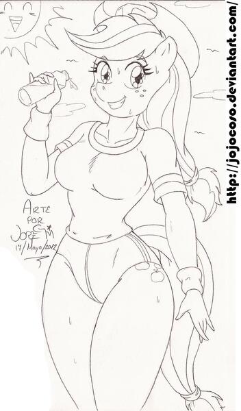 Size: 998x1700 | Tagged: anthro, applebucking thighs, applejack, artist:jojocoso, breasts, busty applejack, clothes, curvy, derpibooru import, female, gym uniform, monochrome, safe, solo, sports panties, sweat, traditional art, water bottle