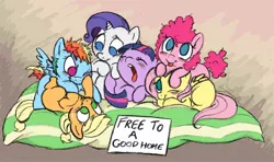 Size: 1000x590 | Tagged: safe, artist:bitter-knitter, derpibooru import, applejack, fluttershy, pinkie pie, rainbow dash, rarity, twilight sparkle, adoption, blank flank, cute, dashabetes, diapinkes, female, filly, filly applejack, filly fluttershy, filly pinkie pie, filly rainbow dash, filly rarity, filly six, filly twilight sparkle, jackabetes, mane six, playing, puppy ponies, raribetes, shyabetes, twiabetes, yawn, younger