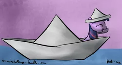 Size: 1280x688 | Tagged: 30 minute art challenge, artist:neko-me, derpibooru import, eyes closed, female, filly, filly twilight sparkle, hat, paper boat, paper hat, safe, solo, twilight sparkle, water, younger