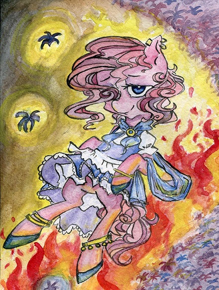 Size: 440x581 | Tagged: safe, artist:foxda, derpibooru import, pinkie pie, earth pony, pony, friendship is witchcraft, bard, bipedal, clothes, dress, ear piercing, earring, fire, flower, gypsy pie, hyacinth, jewelry, piercing, solo, traditional art