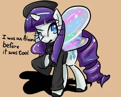 Size: 1280x1024 | Tagged: safe, artist:acharmingpony, derpibooru import, rarity, alicorn, pony, beatnik rarity, before it was cool, beret, butterfly wings, clothes, drawfag, glimmer wings, hat, hipster, solo