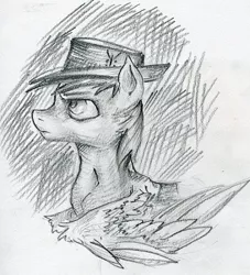 Size: 416x458 | Tagged: safe, artist:foxda, derpibooru import, oc, oc:calamity, unofficial characters only, pegasus, pony, fallout equestria, fanfic, black and white, dashite, fanfic art, grayscale, hat, hooves, male, monochrome, portrait, sketch, solo, spread wings, stallion, traditional art, wings