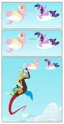 Size: 1728x3359 | Tagged: safe, artist:grievousfan, derpibooru import, discord, fluttershy, twilight sparkle, twilight sparkle (alicorn), alicorn, draconequus, pegasus, pony, angry, bandage, brace, cloud, comic, female, injured, male, mare, messy mane, neck brace, on a cloud, prone, stifling laughter