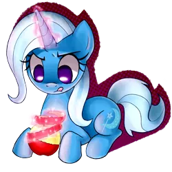 Size: 2500x2500 | Tagged: safe, artist:gatodelfuturo, derpibooru import, trixie, pony, unicorn, apple, female, licking lips, magic, mare, peeling, pixiv, prone, simple background, solo, tongue out, transparent background