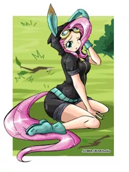 Size: 600x800 | Tagged: adorasexy, artist:boastudio, boots, bunny ears, clothes, cute, dangerous mission outfit, derpibooru import, female, fluttershy, gloves, goggles, hoodie, human, humanized, looking at you, one eye closed, safe, sexy, shoes, solo, tailed humanization