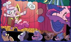 Size: 1043x615 | Tagged: safe, derpibooru import, idw, official, bruce mane, derpy hooves, herald, majesty, masquerade, pinkie pie, royal ribbon, sealed scroll, pegasus, pony, spoiler:comic, balloon, comic, female, mare